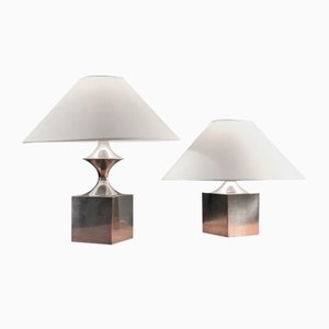French Brushed Metal Table Lamps, 1970s, Set of 2