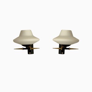 Mid-Century French Brass Sconces with White Opaline Shades from Maison Lunel, Set of 2