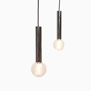 Lampade a sospensione Space Age vintage in metallo cromato e vetro di Motoko Ishii per Staff, set di 2