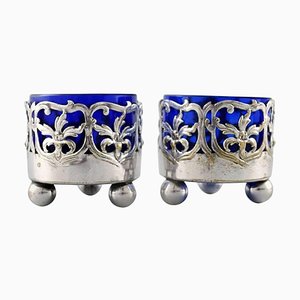 English Salt Cellar with Glass Inserts in Blue, Set of 2