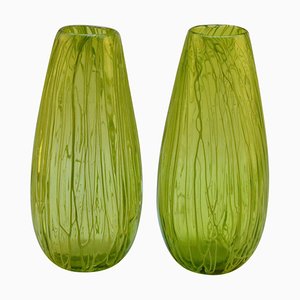 Hand Blown Glass Acid Green Veined Vases, Set of 2