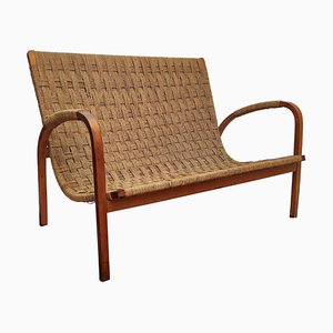 Mid-Century Italian Wood and Cord Woven Rope Bench, 1960s
