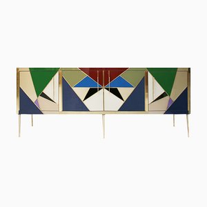 Enfilade Mid-Century en Bois, Laiton et Verre Coloré, Italie
