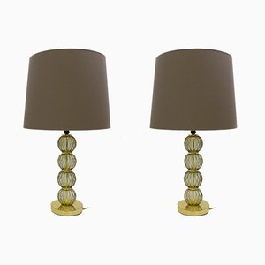 Italian Smoked Glass Bead & Brass Table Lamps, 1970s, Set of 2