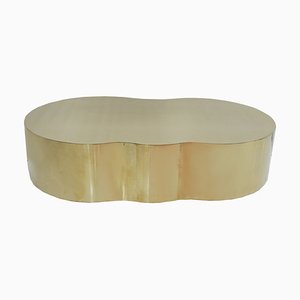 Curved Coffee Table with Wooden Structure Covered in Brass
