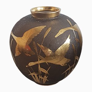 Vase en Verre Gravé avec Décorations Dorées et Bordure par Alfred Taube pour Füge & Taube, 1960s