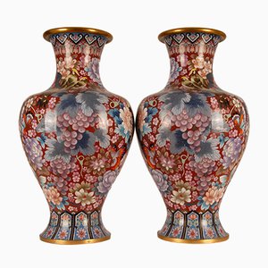 Grands Vases Cloisonnés Style Ming en Émail & Bronze Doré, 1930s, Set de 2