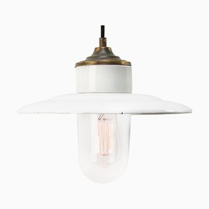 Weiße Emaille, Klarglas, Porzellan & Messing Hängelampe, 1950er