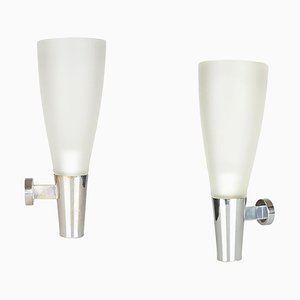 Mid-Century Modern Frosted Glass & Chrome-Plated Metal Sconces by Pietro Chiesa for Fontana Arte, Set of 2