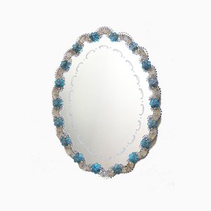 Espejo NontiscordardiMe italiano de cristal de Murano con rosas azules, años 40
