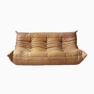 Camel Brown Leather Togo 3-Seat Sofa by Michel Ducaroy for Ligne Roset