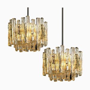 Large 3-Tier Chrome Ice Glass Chandeliers by J.t. Kalmar, Set of 2