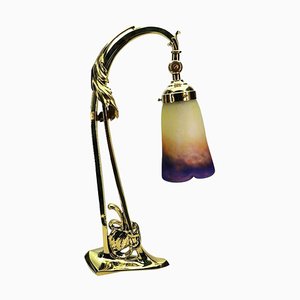 Lámpara de mesa Pate De Verre Art Déco de vidrio y latón de Muller Fres, años 10
