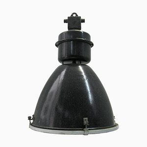 Large Mid-Century Industrial Black Enamel & Clear Glass Pendant Lamp