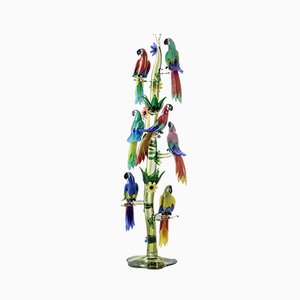 Großer Murano Glas Baum mit 7 Papageien von Oscar Zanetti / Arnaldo Zanella, 1970er, 10er Set