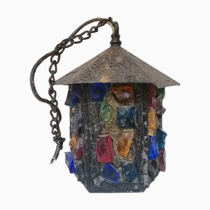 English Arts & Crafts Glass, Lead & Hammered Sheet Metal Porch Lantern by Peter Marsh, 1950s