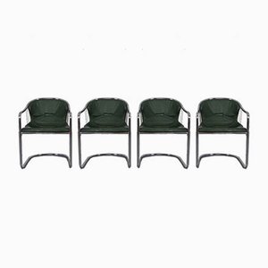 Italian Green Leather Cantilever Chairs, 1970s, Set of 4