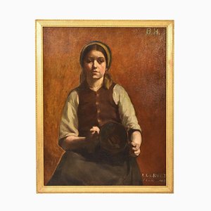 Jeune Portrait de Femme avec Vase en Cuivre, Peinture à l'Huile, Début 20ème Siècle