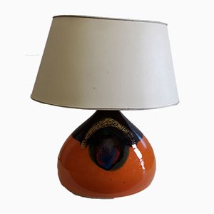 Lampada da tavolo vintage in ceramica arancione e marrone con paralume ovale in tessuto beige di Bjørn Wiinblad per Rosenthal, anni '60