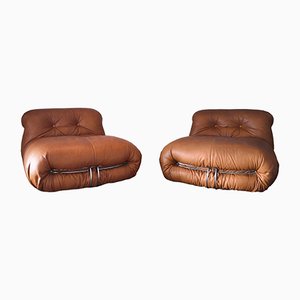 Set of Cognac Leather Soriana Lounge Chairs by Tobia & Afra Scarpa for Cassina, 1969