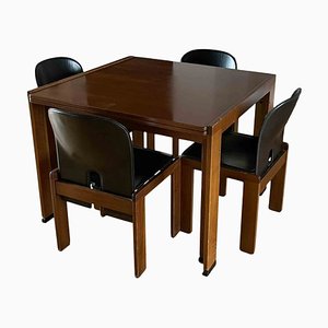 Walnut & Black Leather Model 121 Dining Chairs & Extendable Model 778 Dining Table by Tobia & Afra Scarpa for Cassina, 1968, Set of 5