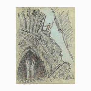 The Descent into the Cave, Dessin Original au Pastel et au Crayon, 20ème Siècle