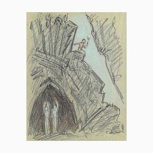 The Descent Into the Cave, Original Pencil and Pastel Drawing, 20th Century