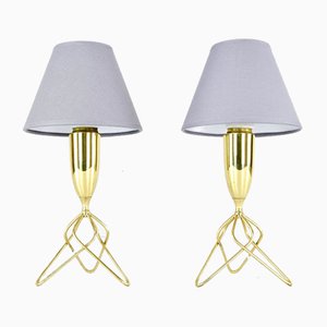 Danish Brass Tripod Table Lamps with Gray Lampshades, 1960s, Set of 2