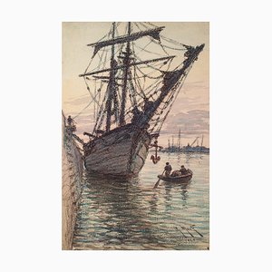 Sailing Ship In the Harbour, Original Watercolor, 1929