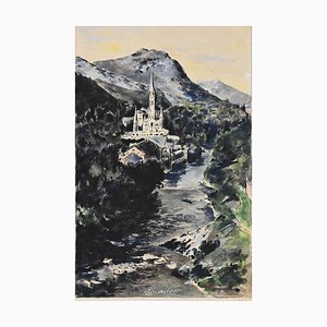 Lourdes, Original Watercolor and Tempera, Mid-20th Century