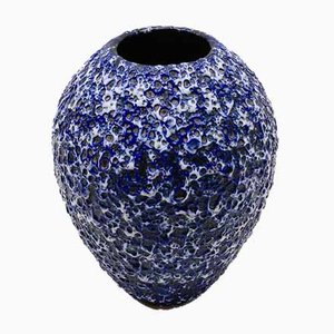 Große deutsche Fat Lava Vase in Blau & Weiß von ES Keramik, 1950er