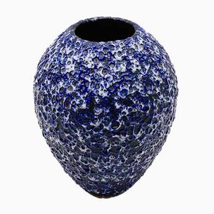 Large German Blue & White Fat Lava Vase from ES Keramik, 1950s