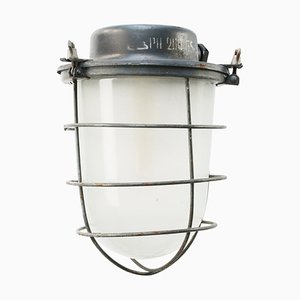 Mid-Century Industrial Gray Metal & Frosted Glass Pendant Lamp