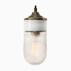 Mid-Century Industrial White Porcelain, Frosted Glass & Brass Pendant Lamp