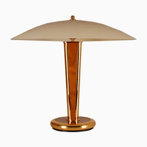 Milo Baughman Style Gilt Brass & Burl Wood Mushroom Table Lamp with Handcrafted Glass Lampshade, 1960s