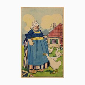 Peasant Woman with Geese, Original Drawing from Gabriele Galantara, 1915