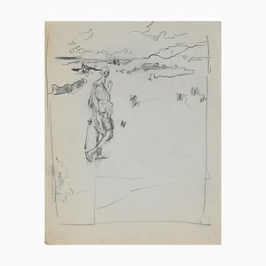 Figure On the Landscape, Original Pencil by Herta Hausmann, Mid,20th Century