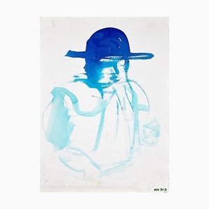 Leo Guida, perfil en azul, acuarela original sobre papel, años 70