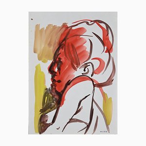 Leo Guida, Woman Red Profile, Original Watercolor On Paper, 1970s