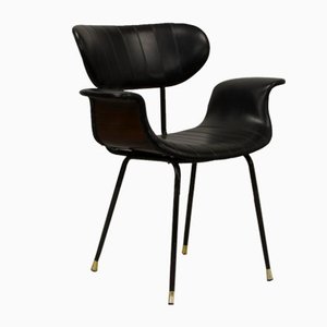 Italian Rosewood & Black Leatherette Swan Chair with Black Steel Feet & Brass Tips, 1960s