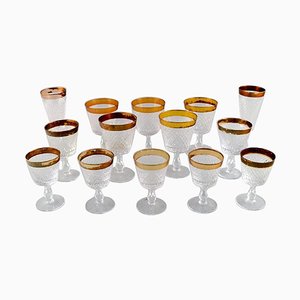 Mouth-Blown Crystal Glass Glasses with Gold Edges, France, 1930s, Set of 14