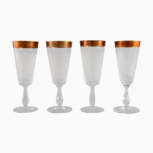 Copas de champán de cristal soplado con bordes dorados, años 30. Juego de 4