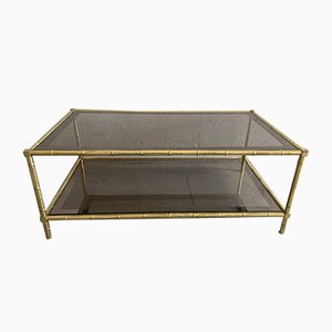 French Faux Bamboo, Mirrored Brass & Smoked Glass Two-Tier Coffee Table by Maison Baguès, 1960s