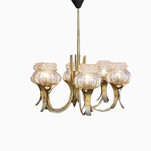 Mid-Century Solid Brass & Iridescent Molded Glass 6-Light Chandelier by Helena Tynell, 1960s