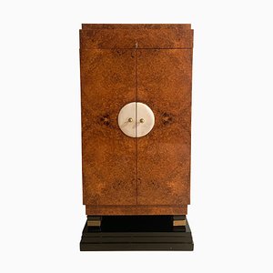 Petite Armoire Art Déco, Amboyna Roots, Cuir et Laiton, France, 1930s