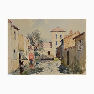 Gautier René Georges, Houses on the River, Watercolor, Mid 20th-Century