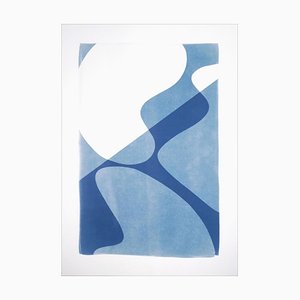Composition Mid-Century de Formes Rétro, Minimal White and Blue Curves Monotype, 2021