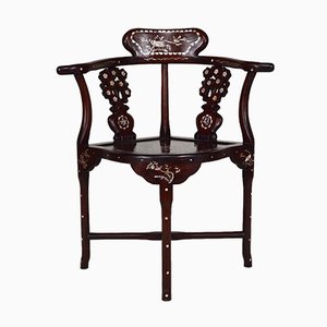 Asian Carved Inlaid Wood Armchairs, Early 20th Century, Set of 4