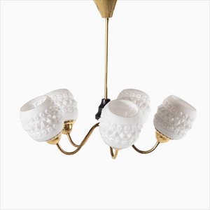 Brass Ceiling Lamp with White Crystal Shades, Sweden, 1950s