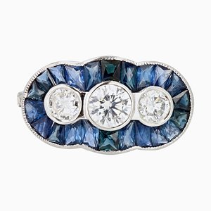 18-Karat Art Deco Saphir & Brilliant Ring aus Weißgold mit Diamanten